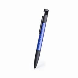A blue and black pen with a ruler design and a clip for easy attachment, featuring a branding logo.