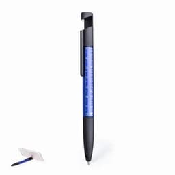 A black pen with a blue barrel and a ruler design. It features a clip for attachment and a sleek profile.