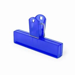 A blue plastic clip with a metal clip mechanism for securing papers or documents together.