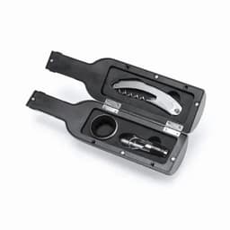 A black drink bottle-shaped case containing a corkscrew, pourer, and other bar accessories.