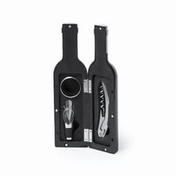 A drink bottle-shaped case in black, containing a wine corkscrew, pourer, and a wine stopper.