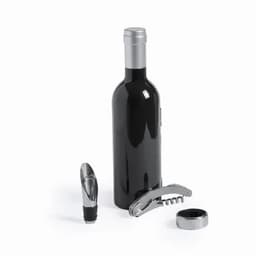 A drink bottle in black with a silver cap, alongside a corkscrew, a pouring spout, and a bottle stopper.
