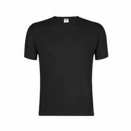 A black T-shirt with a classic round neckline and short sleeves. The garment features a simple design without additional details.
