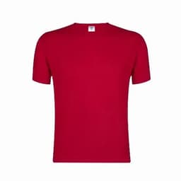 A red t-shirt with a classic round neckline and short sleeves. It has a label at the neck and no other designs.