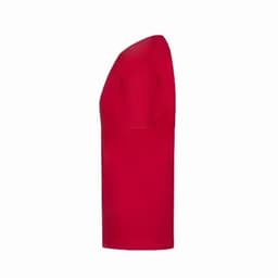 A red t-shirt with short sleeves displayed from the side, featuring a smooth texture and fitted silhouette.