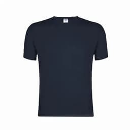 A navy blue short-sleeved t-shirt with a round neckline and a plain design. It features a label inside the collar.