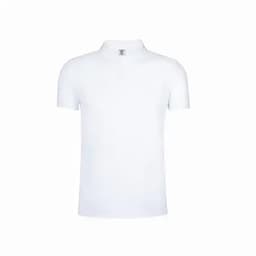 A plain white polo shirt featuring a collar and short sleeves, with a logo on the neckline.