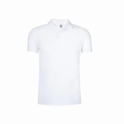 A white polo shirt with a classic collar and short sleeves, featuring a logo on the chest.