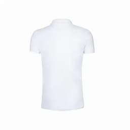 A white polo shirt with a plain back, featuring a collar and short sleeves. The shirt has a logo.