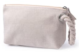 A pouch with a zip closure, featuring a braided handle, in a light beige or neutral colour.