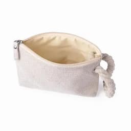A small, light-coloured pouch made of fabric with a zip closure and a braided handle.