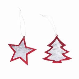 Two Christmas ornaments, one star and one tree shape, featuring silver and red colours with hanging strings.