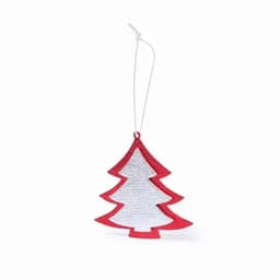 A Christmas tree ornament in red and silver with a white string for hanging.