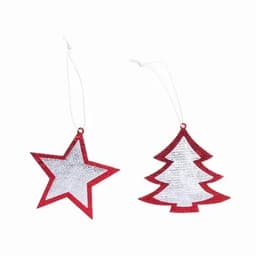 Two festive decorations: a glittery red star and a red Christmas tree ornament, both with silver accents.