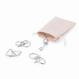 A small fabric pouch containing metal hooks and clips in various shapes, including a triangular and circular design.