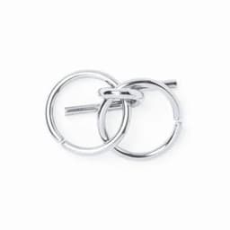 A silver metal keyring featuring a twisted design and a straight bar. It has a shiny, reflective surface.