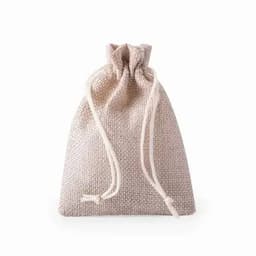 A drawstring bag in a light beige fabric with a textured appearance and a natural-coloured cord.