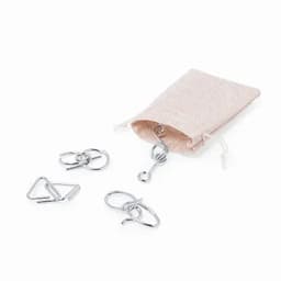 A small beige pouch containing various silver hooks and clips. The pouch is tied with a drawstring.
