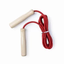 A skipping rope with wooden handles and a red braided rope. The handles are simple and natural in colour.