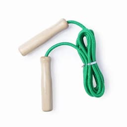A skipping rope with wooden handles and a green rope. The design features a simple, classic style.