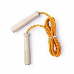 A jump rope with wooden handles and a bright orange rope. The handles are cylindrical and polished.