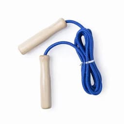 A skipping rope with wooden handles and a blue rope. The handles are smooth and rounded.