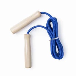 A skipping rope featuring wooden handles and a blue rope. Perfect for fitness activities.