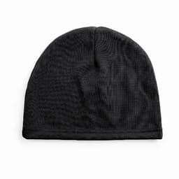 A black beanie hat with a textured pattern, featuring a rolled edge at the bottom. It has no visible branding.