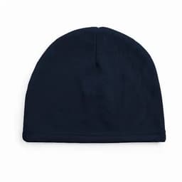 A navy blue beanie hat made from a soft material, featuring a simple, seamless design.