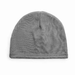 A grey beanie made of soft fabric, featuring a simple, seamless design. It has a small logo on one side.