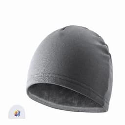 A grey beanie with a smooth texture and a logo at the bottom left corner.
