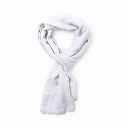 A light grey scarf with a soft texture and fringed edges, elegantly draped.