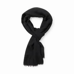 A black scarf with frayed edges, elegantly draped in a looped style.