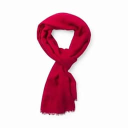 A scarf in bright pink, featuring a soft fabric and fringed edges, arranged in a loop.