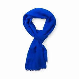 A blue scarf with a soft texture and fringed edges, elegantly draped in a loop.