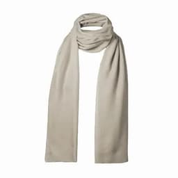 A lightweight beige scarf elegantly draped, featuring a soft fabric texture and a simple, classic design.