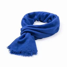 A blue scarf with frayed edges, neatly arranged in a loop. It features a soft, textured fabric and has no visible branding.