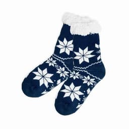 A pair of navy blue socks with white snowflake patterns and a fluffy white cuff.