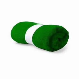 A green rolled towel secured with a white band, featuring a soft, textured fabric.