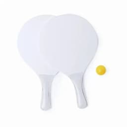 A set of two white paddle ball rackets and a small yellow ball, featuring smooth handles.