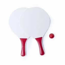 Two paddle bats with red handles and a small red ball. The paddles have a white surface, ready for play.