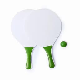 Two white paddles with green handles and a small green ball.