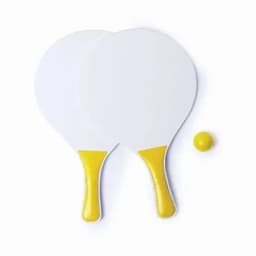 A set of two white paddle bats with yellow handles and a small yellow ball. The paddles are plain with no branding.