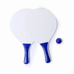 A set of two white paddles with blue handles and a blue ball. The paddles have a smooth surface.