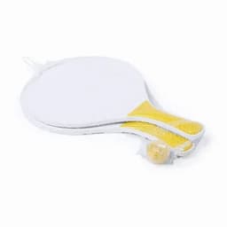 A set of two white paddle racquets with yellow handles and a yellow ball, packaged together in netting.
