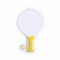 A paddle ball set featuring a large white paddle with yellow handles and a small yellow ball.