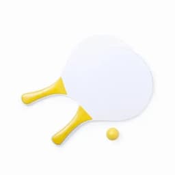 A set of two white paddles with yellow handles and a yellow ball, packaged together.