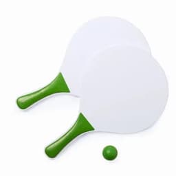 A set of two white paddle bats with green handles and a green ball. The paddles are round and smooth.