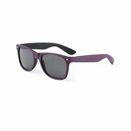 A pair of sunglasses with a purple wooden frame and black arms. The lenses are dark and reflective.