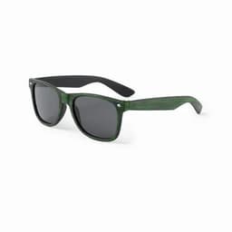 A pair of sunglasses with green wooden frames and black arms, featuring dark lenses and a logo on the side.